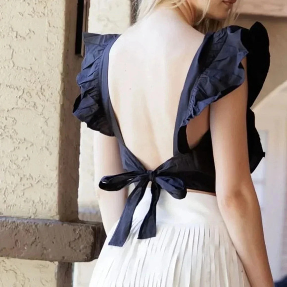 HT360 Collective HandMade Smocked Ruffle Sleeve Tie Back Crop Top Size Large NWT - Picture 2 of 6